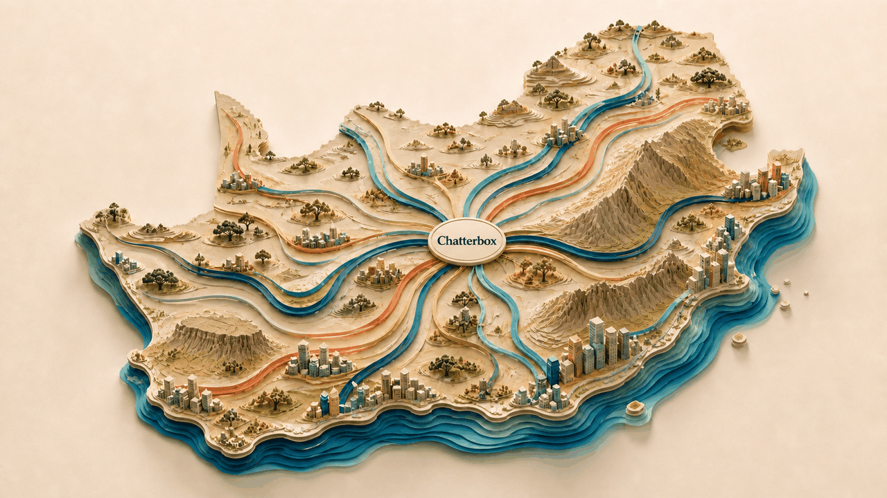 Illustration: a paper map of South Africa with language routes flowing into Chatterbox