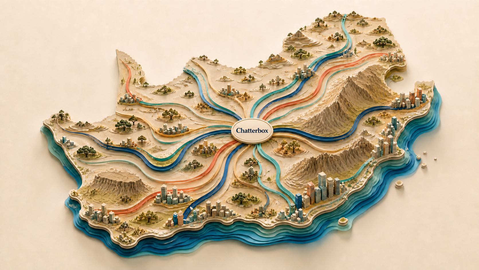 A layered paper map of South Africa representing multilingual access to governed organisational knowledge